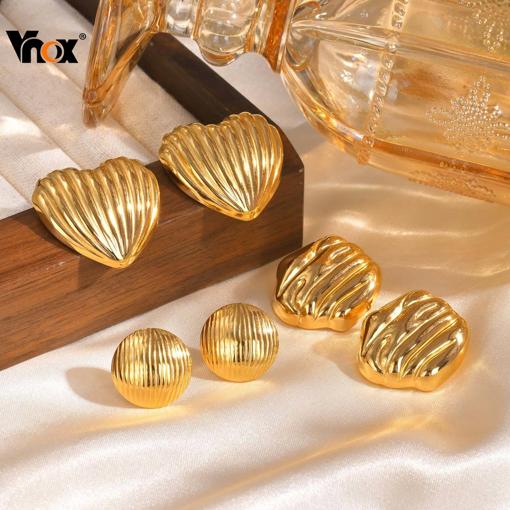 Vnox Novos Brincos Grandes Femininos Retrô , De Aço Inoxidável Ondulados Ranhurados Banhados A Ouro , Joias Geométricas em Oferta na Shopee