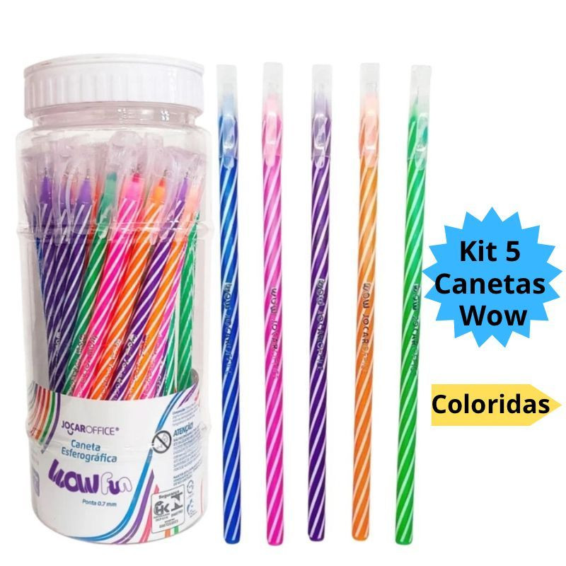 Imagem Kit 5 Canetas Esferográficas Wow 0.7mm Coloridas Branco Escolar Infantil Leo&Leo