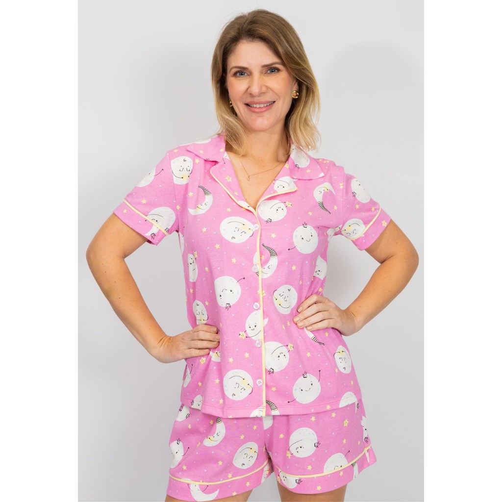 Pijama Feminino Americano Manga Curta Botões Frente Algodão Pós-Cirúrgico Amamentação - Lua Rosa em Oferta na Shopee