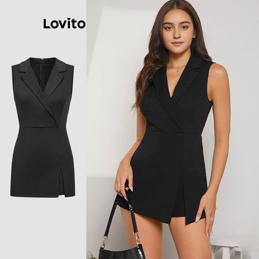 Lovito Macacão elegante simples dividido falso 2 em 1 para mulheres L89ED043 - Women Clothes