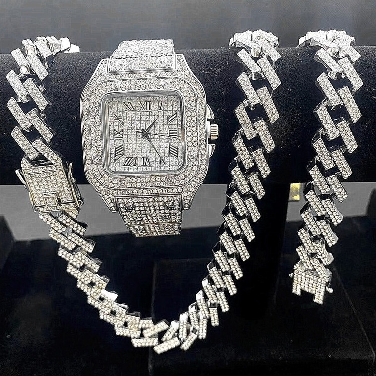 Novo Conjunto de 3 Peças Relógio Masculino Iced Out Prata Correntes Cubanas de 15mm Colar Pulseira Colares de Diamante J