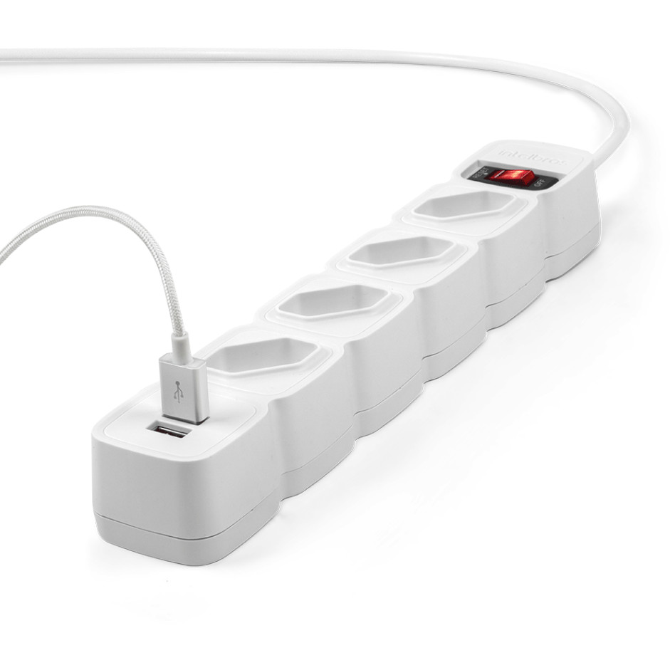   Protetor Eletrônico 4 Tomadas 2 USB EPE 204 USB+ 3 Metros Branco Intelbras