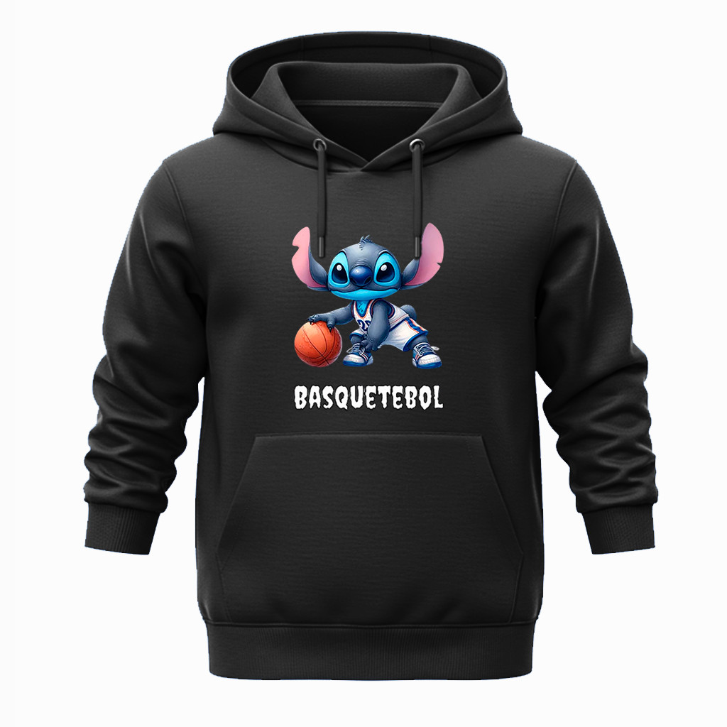 Moletom Flanelado Para Crianças Estampa Stitch Basquete com Capuz e Bolso Canguru