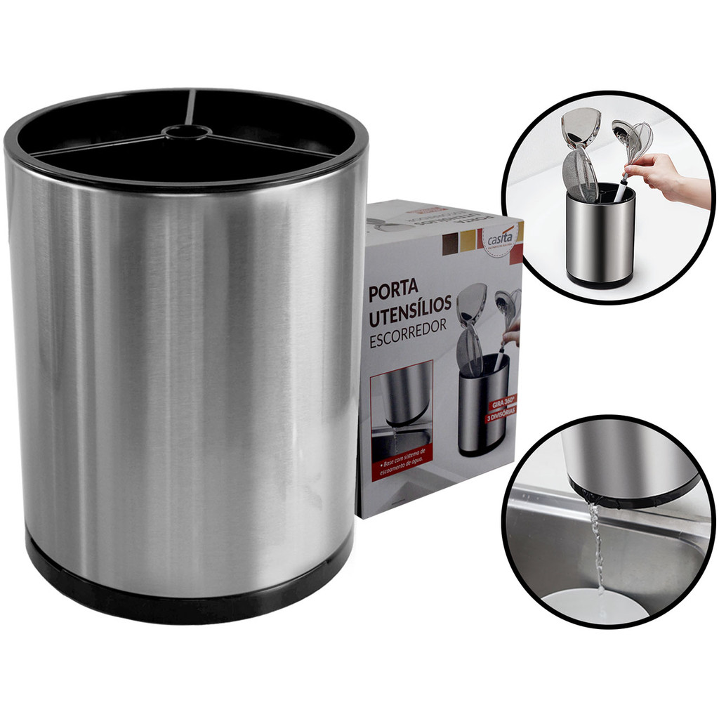 Organizador Inox 3 Divisórias Porta Talheres Facas Utensílios Cozinha Bancada Escorredor Giratório em Oferta na Shopee