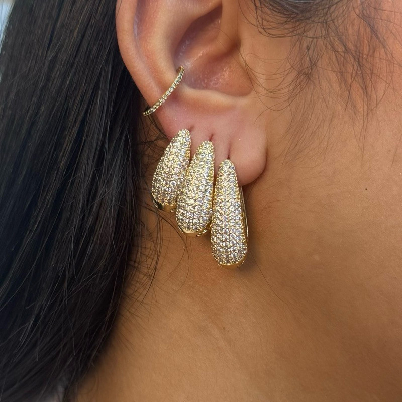 Brinco Feminino Argola Cravejado Gota Click Kit Trio Dourado ou Prata Folheados