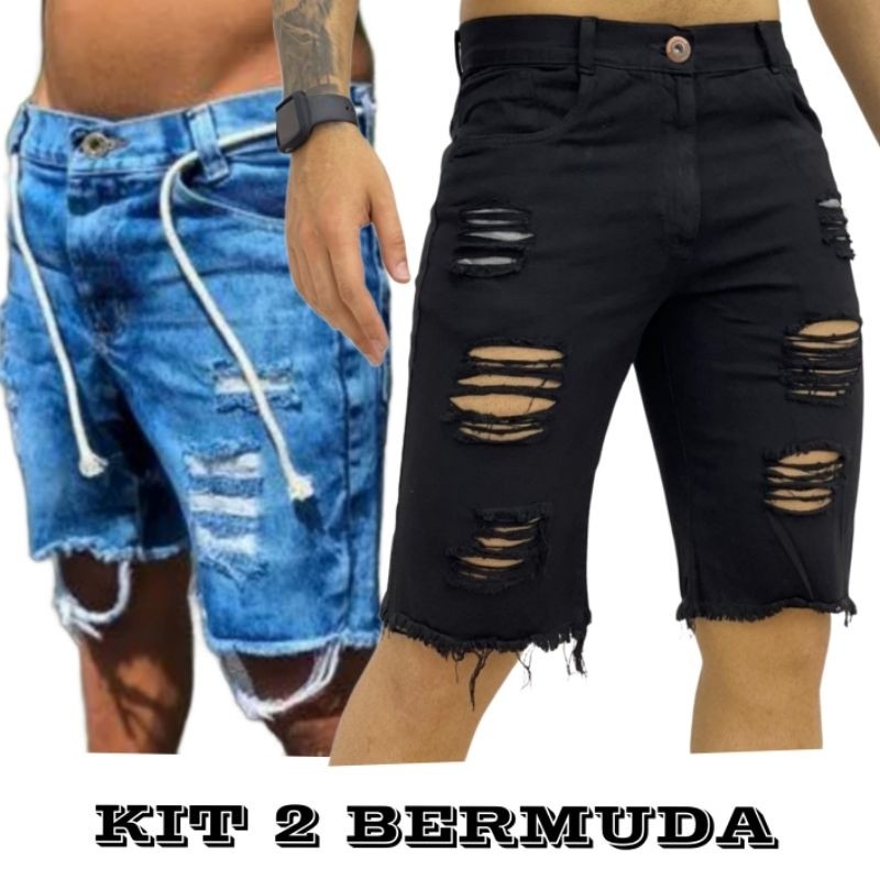 kit 2 Bermuda Jeans Rasgada Masculina Lisa Lycra Premium Promoção Promoção hoje enviamos hoje mesmo