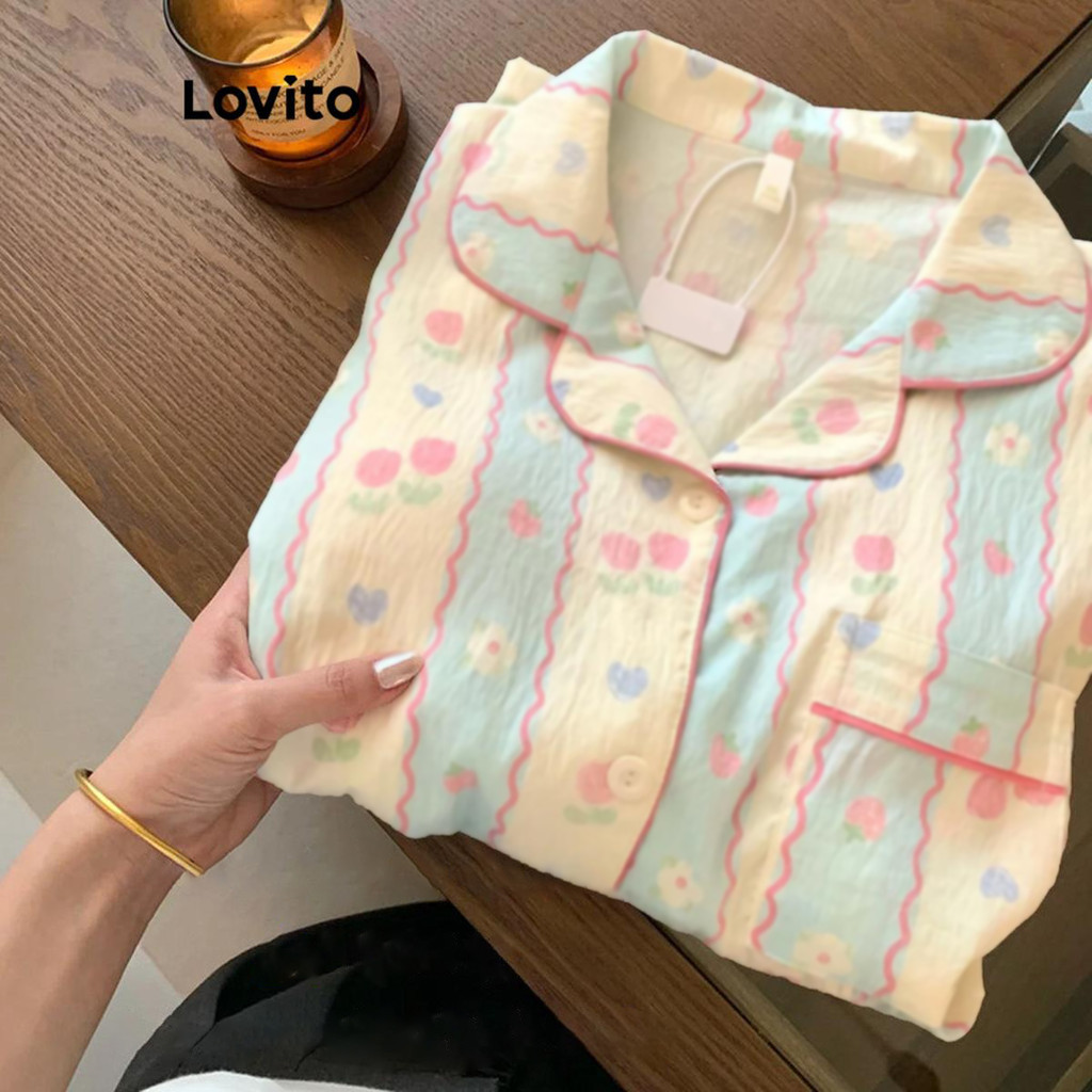 Lovito Conjunto de pijama casual liso Padrão para mulheres LNA71285(Multicolorido)