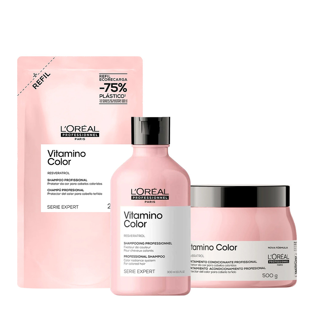 Kit L'Oréal Professionnel Vitamino Color Shampoo Máscara Refil (3 produtos) em Oferta na Shopee