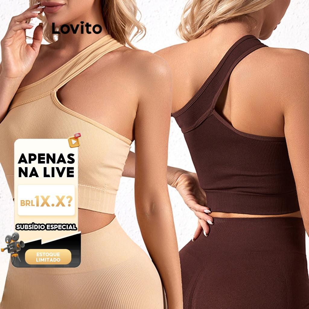 (LIVE STREAM SALE) Lovito Esportivo Sutiã Top Feminino Liso Assimétrico com Ombro de Fora LNL44043 - Sports & Outdoors