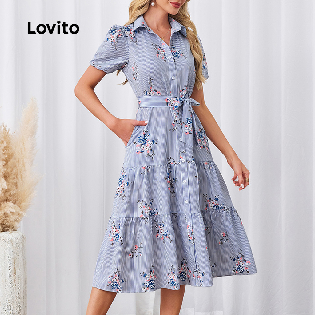 (Trendy) Lovito Vestido Casual listrado em camadas com cinto para mulheres LBL23679 em Oferta na Shopee