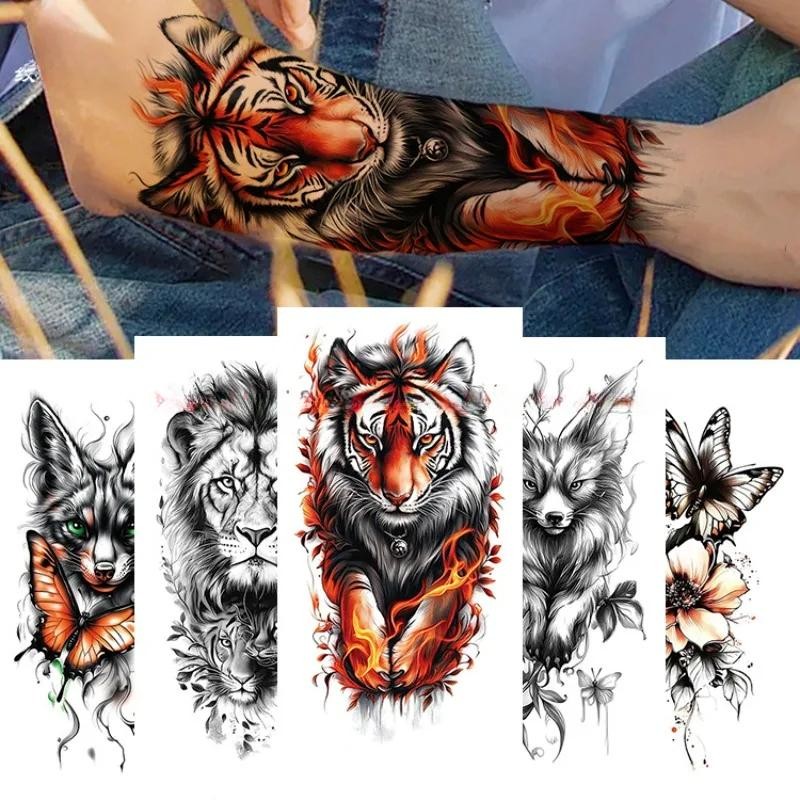 2025 Nova Arte À Prova Dwaterproof Água Tatuagem Temporária Adesivo Fogo Floresta Leão Lobo Tigre Flash Homem Coroa Corp
