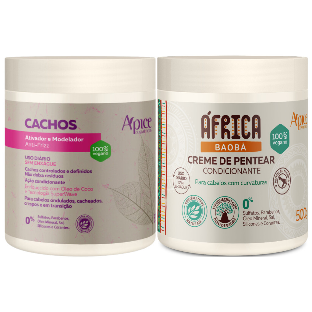 Kit Apice Ativador Cachos + Creme De Pentear Africa Baoba Tratamento Capilar Curvaturas Vegano