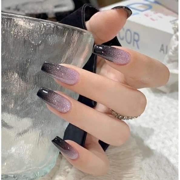 unha postiça realista decoradas Longas Com Cola Glitter francesinha Gradiente kit unha Postiças nails em Oferta na Shopee