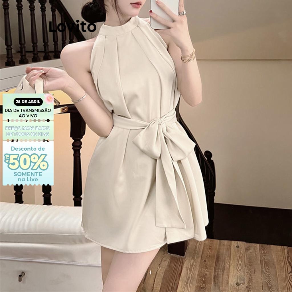 Lovito Vestido Simples com Amarração para Mulheres LNA16042 (Cáqui)