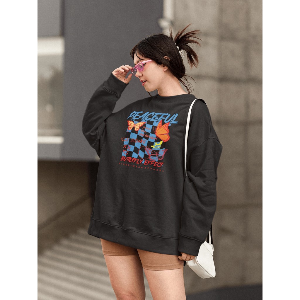 Moletom Blusa de Frio Básico Estiloso Feminino Estampado Gola Redonda Confortável 100% Algodão - Peaceful Butterfly