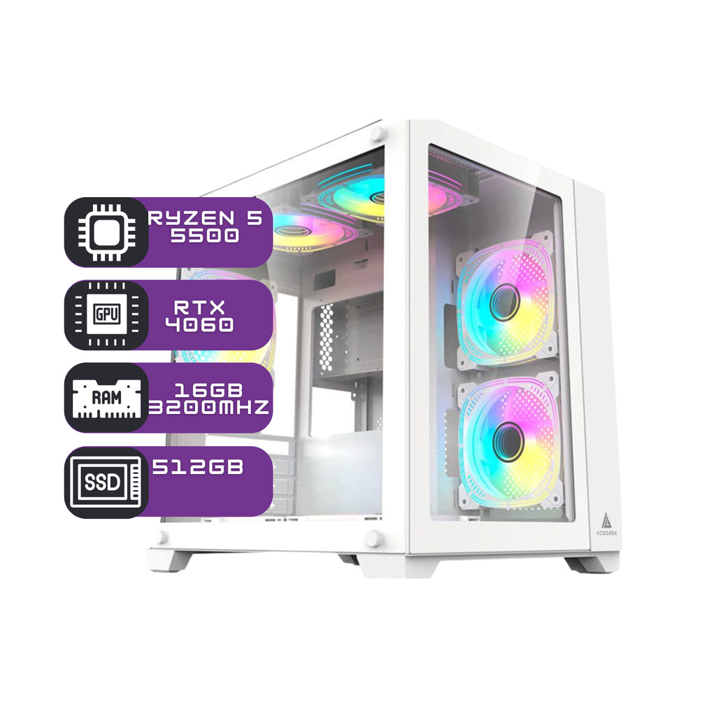 PC Gamer Agaron Ryzen 5 5500, NVídia GeForce RTX 4060, 16GB RAM, SSD 512GB, Gabinete Aquário Branco, Lateral Vidro