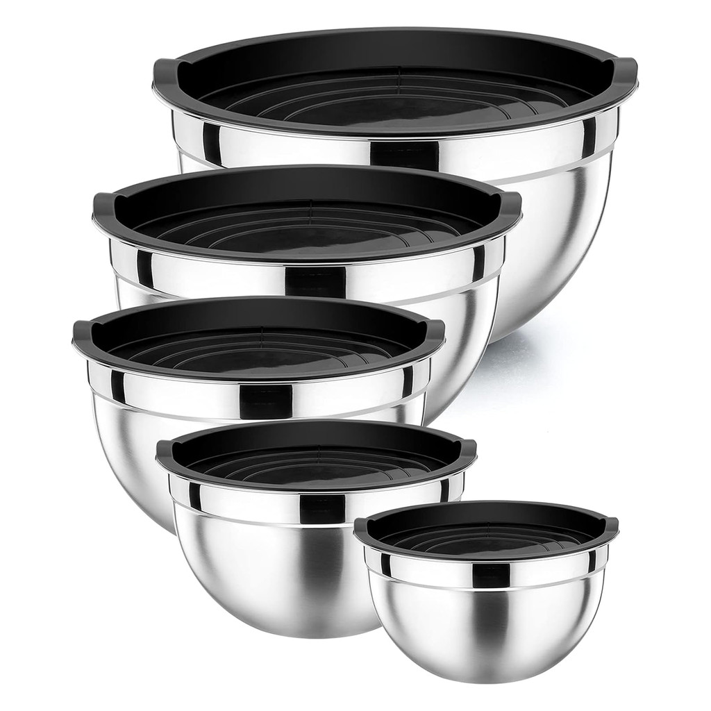 Kit 5 Tigela Para Salada De Aço Inoxidável Com Tampa Plástica De Vedação