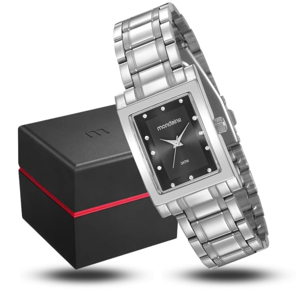 Relógio Feminino Mondaine Quadrado Cristais Prata Original - 32103L0MVNE2