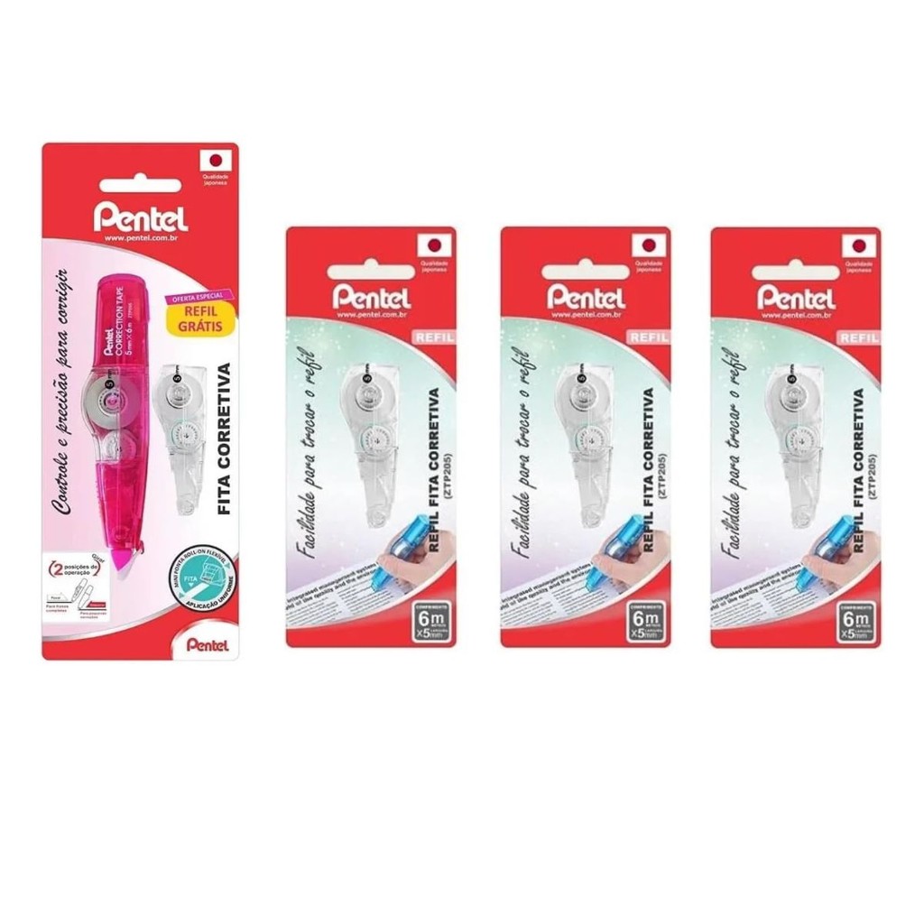 Fita Corretiva Pentel Rosa e 4 Refis em Oferta na Shopee