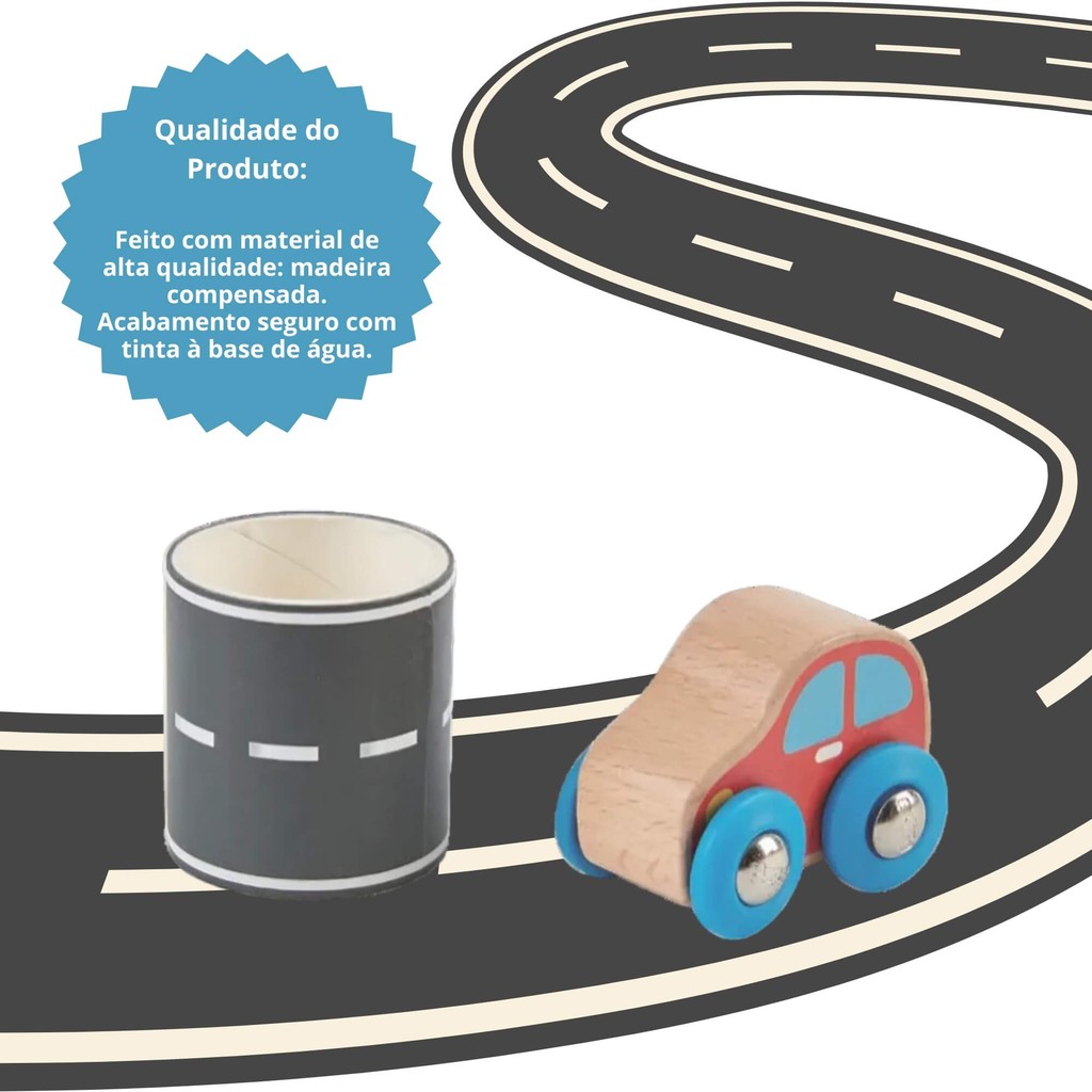 Detalhes do Brinquedo Infantil Carrinho de Madeira com Pista em Fita Adesiva Xalingo - 67743