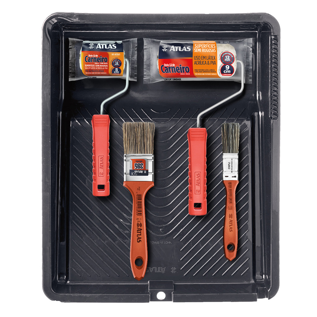 Kit Pintura com 2 Rolos Lã de Carneiro, 2 Trinchas e Bandeja Atlas - Home & Living
