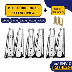 Kit 6 Corrediças Gaveta Trilho Telescópica Light COM Parafusos | 25cm - 30cm - 35cm - 40cm - 45cm