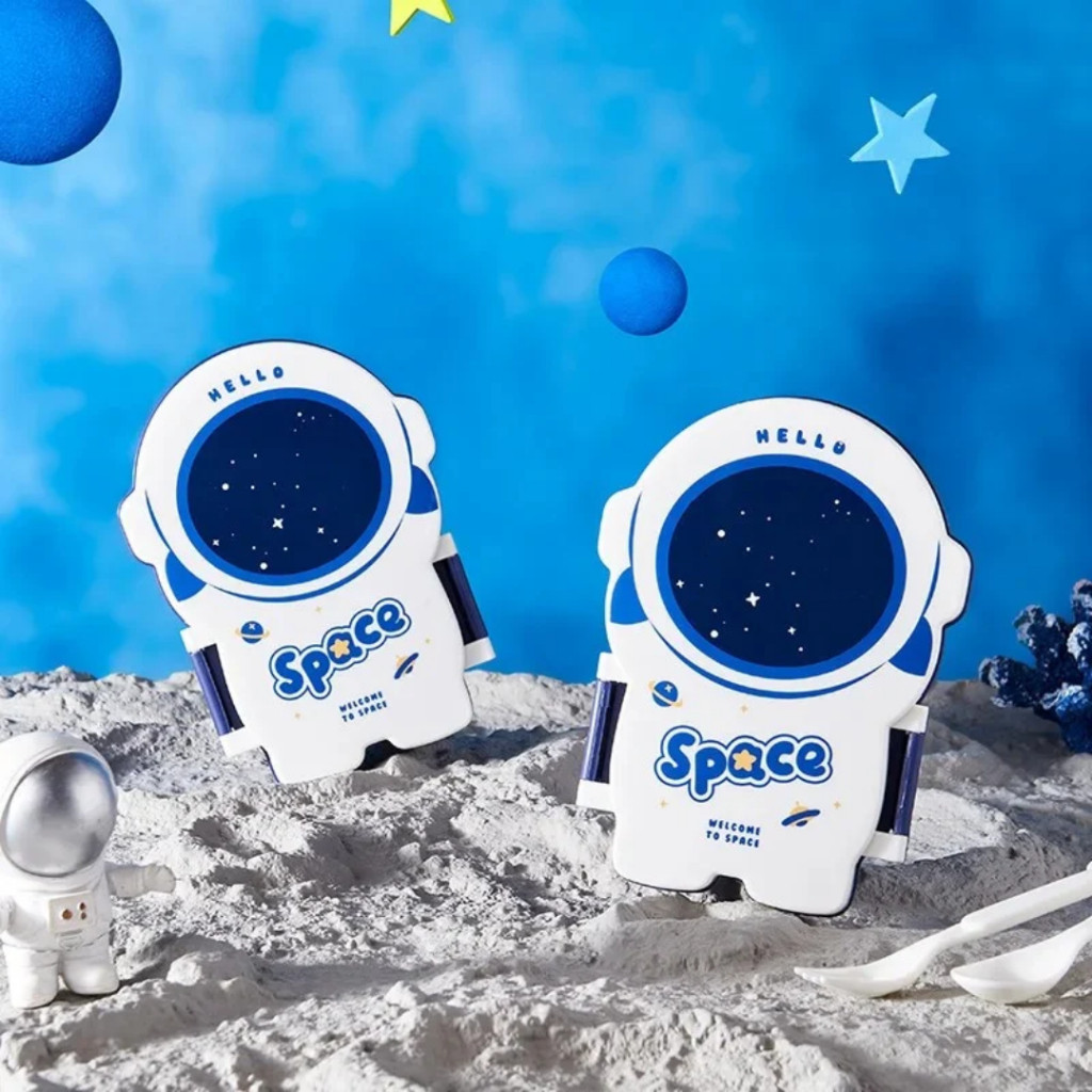 lanchei de astronauta espacial com 3 divisorias com garfinho e colher infantil comidinhas escola — imagem 2 de 2