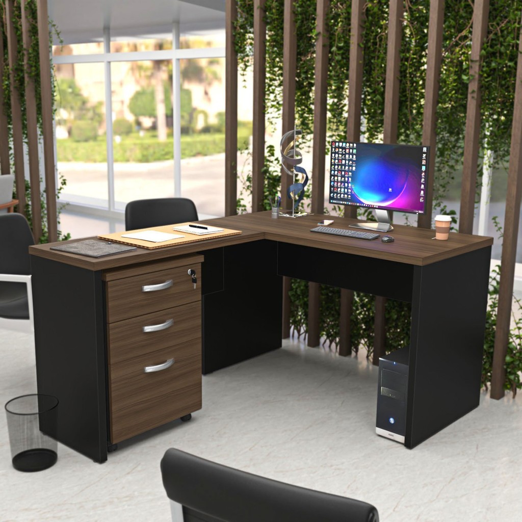 Escrivaninha em L com Gaveteiro 3 Gavetas com Chave 120cmx150cm Preto/Marrom - Home & Living