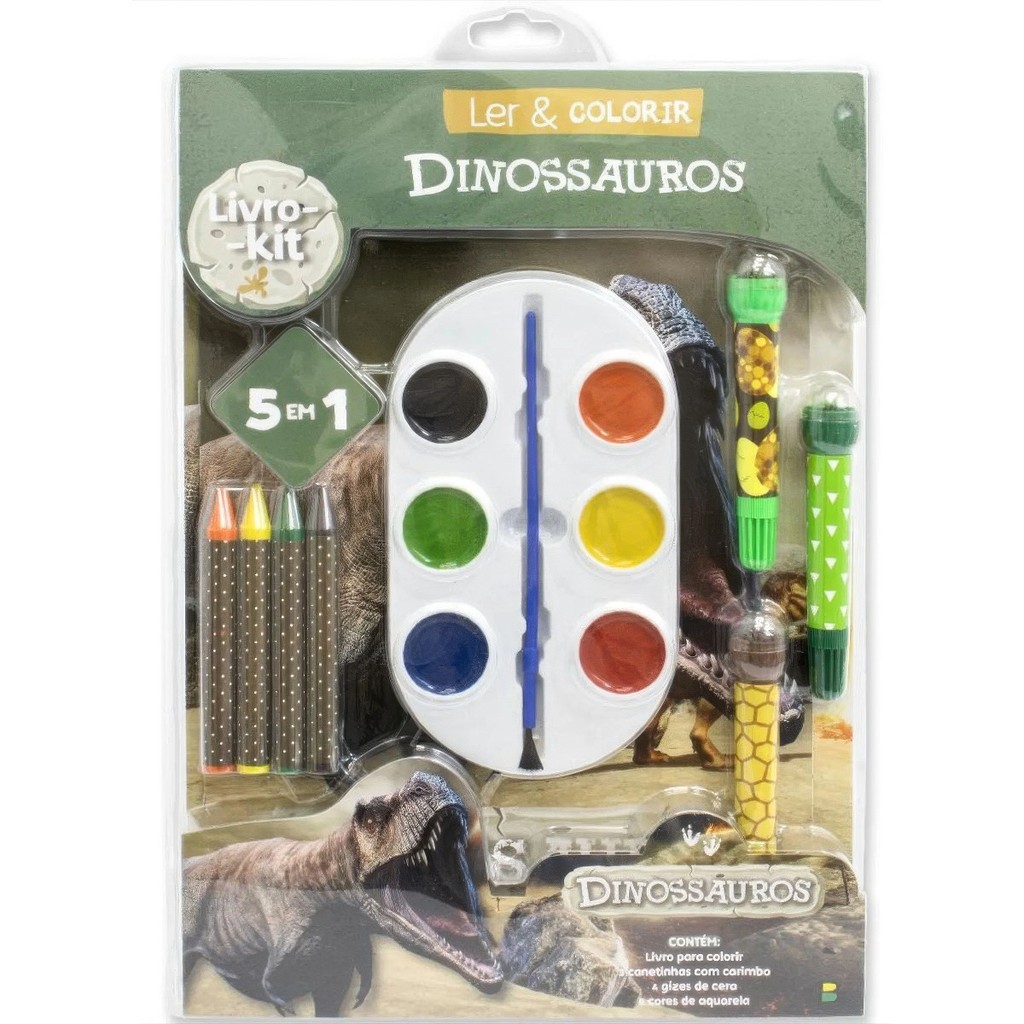 Livro Ler & Colorir - Dinossauros (Livro + Aquarela + Giz de Cera + Canetinha com Carimbo) | Todolivro