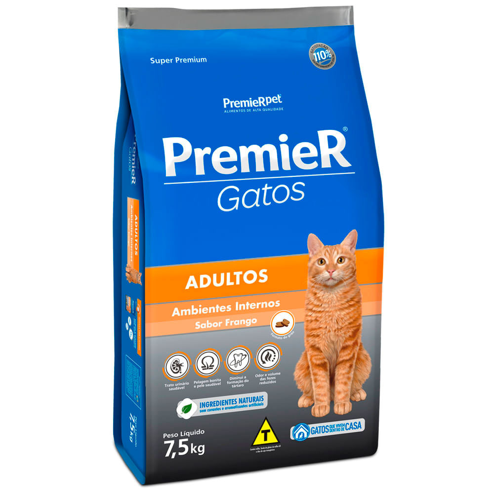 Ração Premier Gatos Adultos Ambientes Internos Frango 7,5kg em Oferta na Shopee