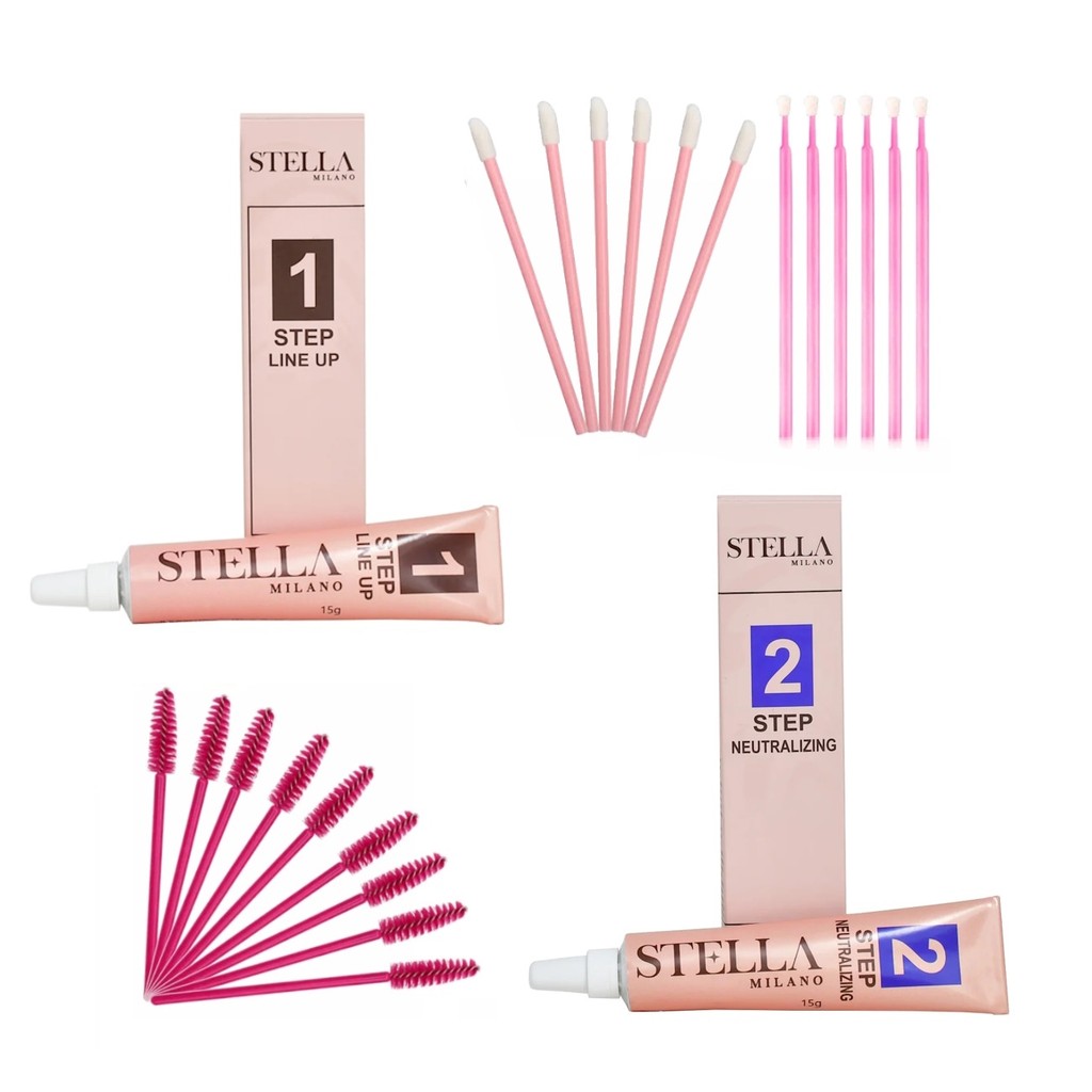 Stella Milano Brow Lamination e Lash Lifting Sobrancelhas Cilios Kit Passo 1 e 2 Escovinha Aplicador