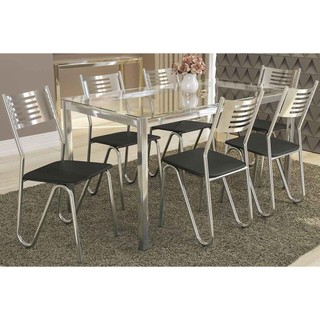Sala de Jantar Completa Reno c/ Tampo de Vidro 150x80cm e 6 Cadeiras Nápoles Cromada/Preto 110 - Kappesberg em Oferta na Shopee