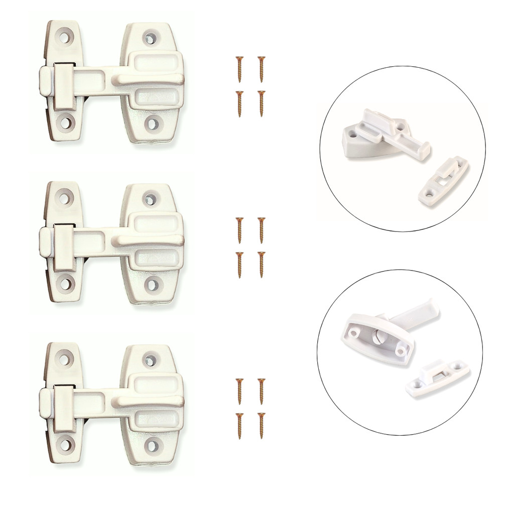 Fecho Trinco Tranqueta PVC Plástico Branco com Parafusos Para Porta Sanfonada  – Kit 3 Unidades