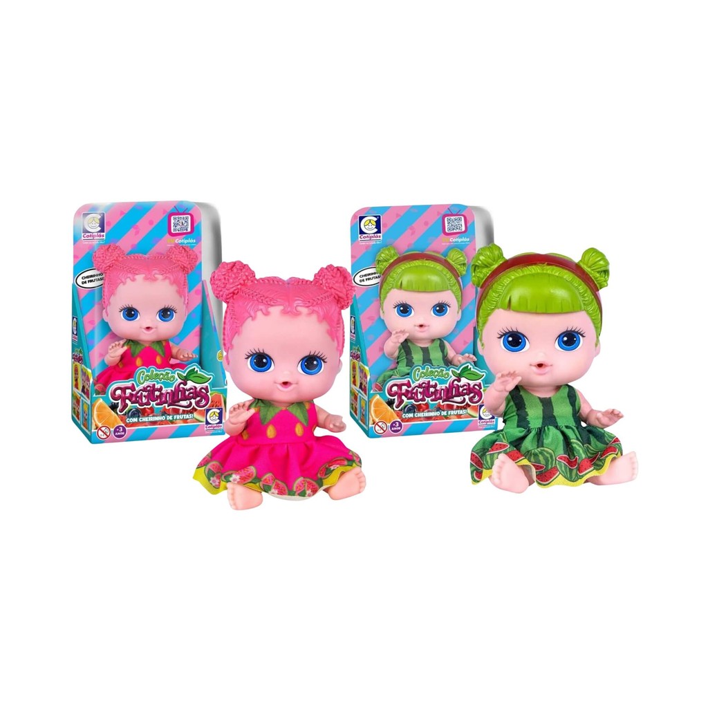 Kit Brinquedo Infantil Bonecas 19cm Coleção Frutinhas Melancia e Goiaba Blister Cotiplás
