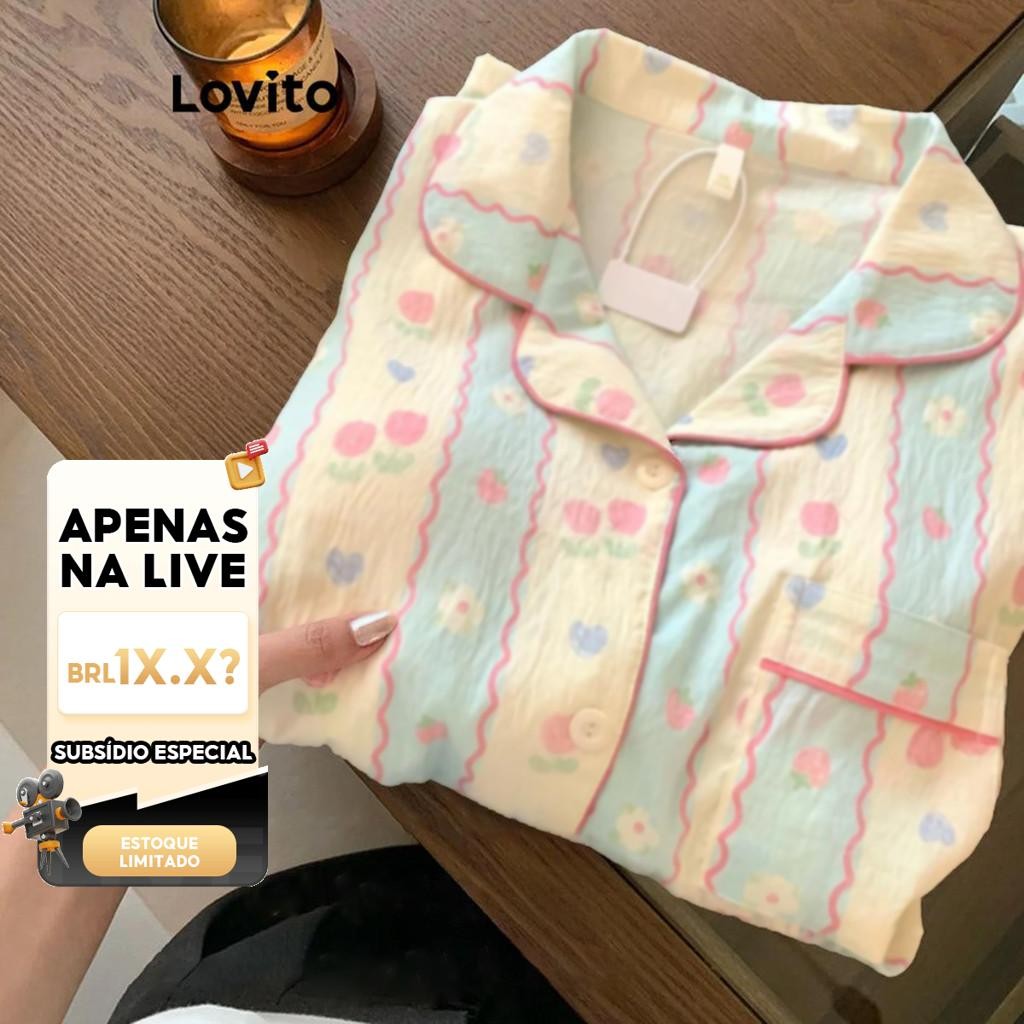 (LIVE STREAM SALE) Lovito Conjunto de pijama casual liso Padrão para mulheres LNA71285(Multicolorido) em Oferta na Shopee