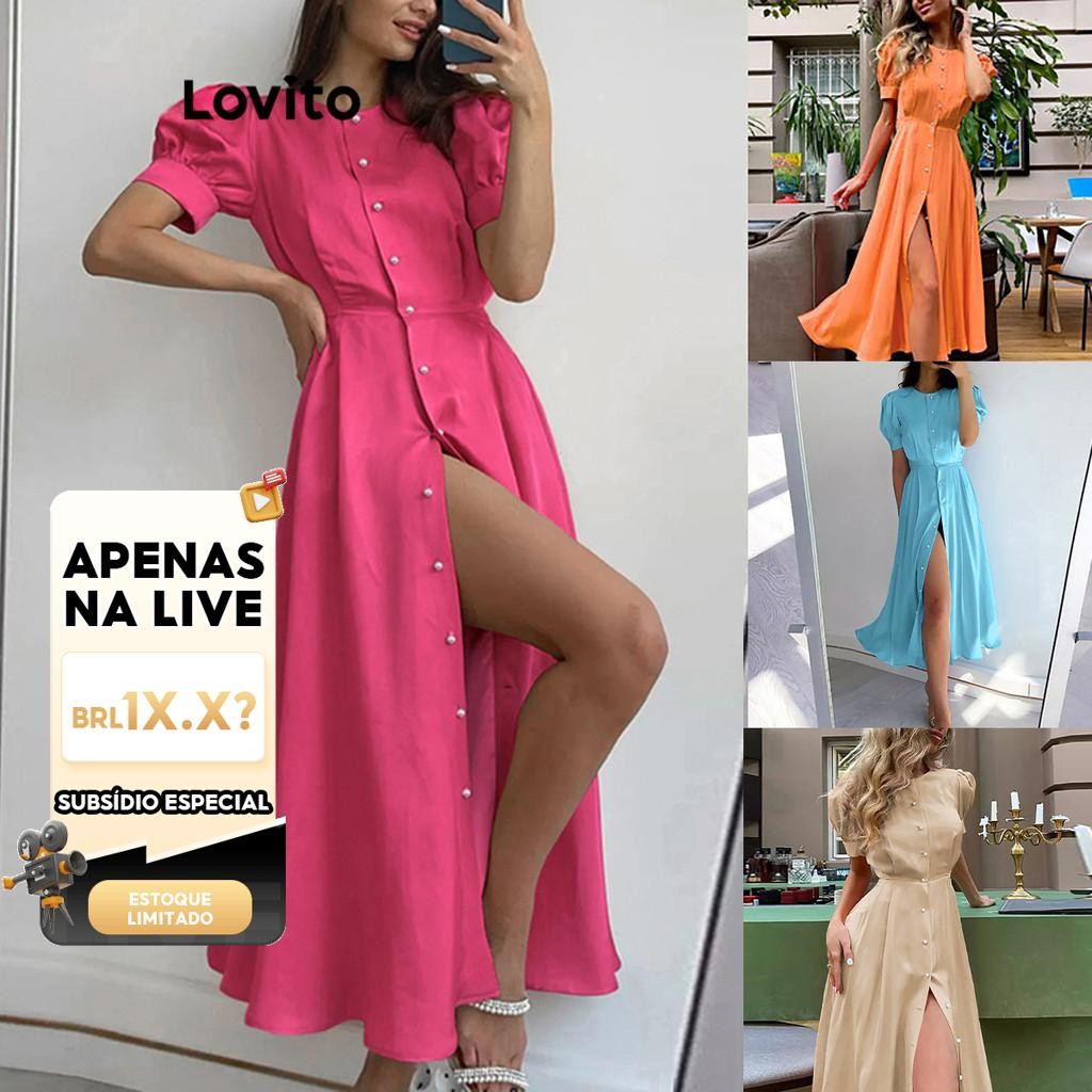(LIVE STREAM SALE) Lovito Casual Vestido Feminino Liso de Manga Bufante com Fenda e Botão Frontal LNE27187 em Oferta na Shopee