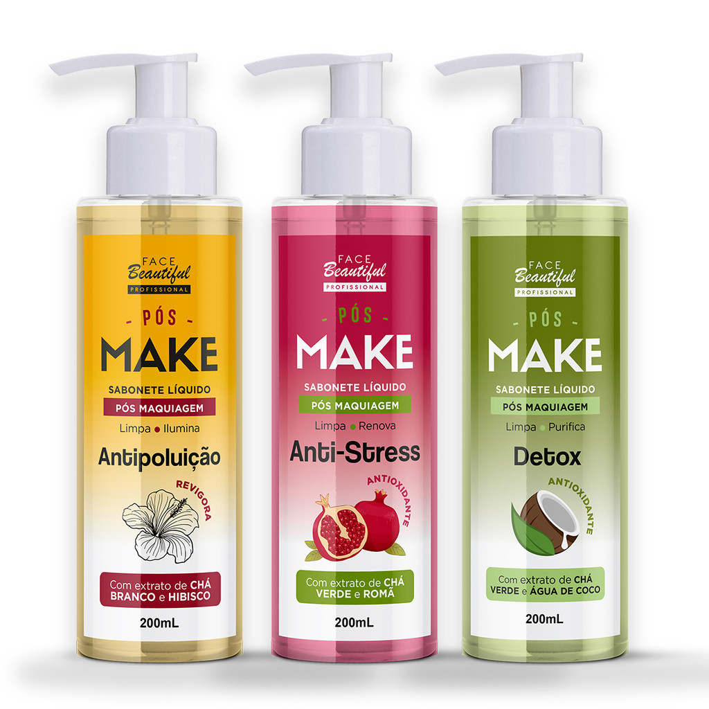 Kit 03 Sabonete Líquido Pós Make Pump 200ml - Face Beautiful em Oferta na Shopee