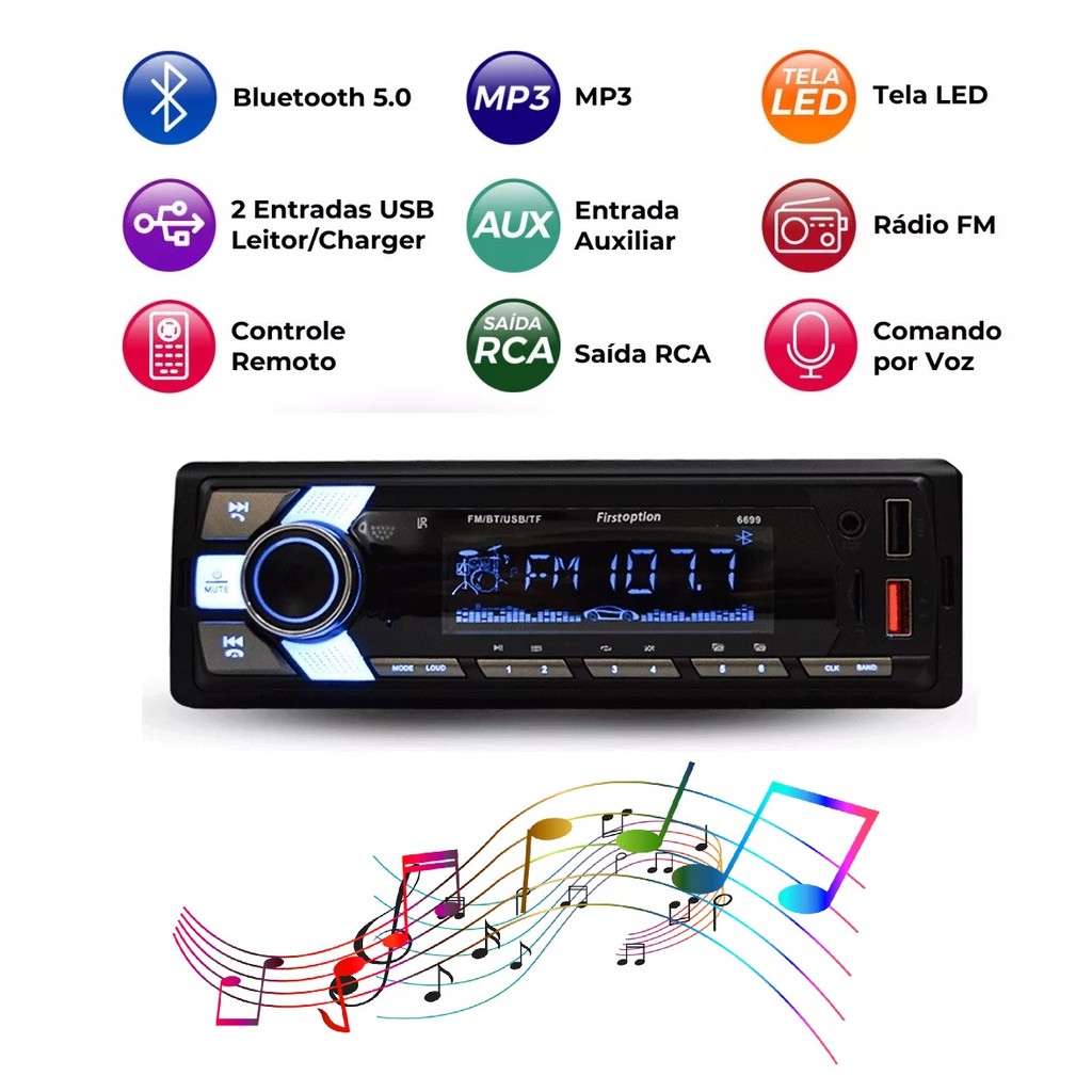 Rádio Mp3 Som Automotivo Bluetooth 7 Cores 200w Pen Drive Sd Acessório Veículo Carro