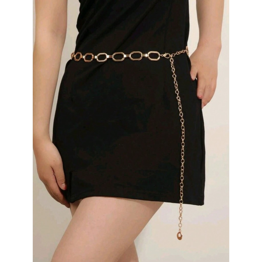 Cinto Feminino Ajustável  Corrente Oval Metalizado Dourado e Prata - Elegante e Fino para Festas em Oferta na Shopee