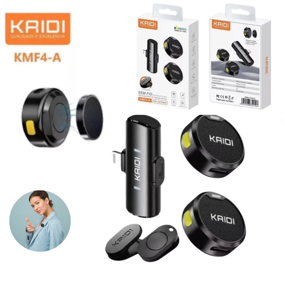 Microfone Lapela Sem Fio Duplo KAIDI Lightning Profissional p/ Iphone XR 7 11 12 13 14 PRO MAX PLUS