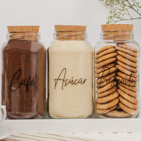 Kit Cantinho do Café - Café, Açúcar e Biscoitos | 3 potes de Vidro 810ml com Tampa Rolha + Adesivos **
