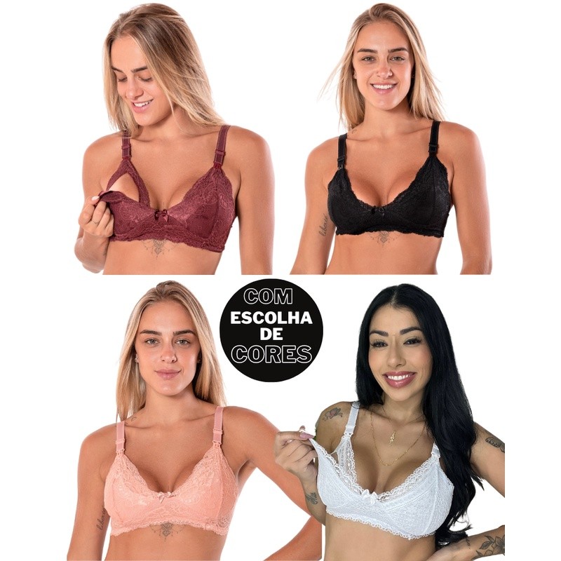 Kit 4 Sutiã Lingerie Amamentação Reforçado Renda Gestante Pós Parto em Oferta na Shopee