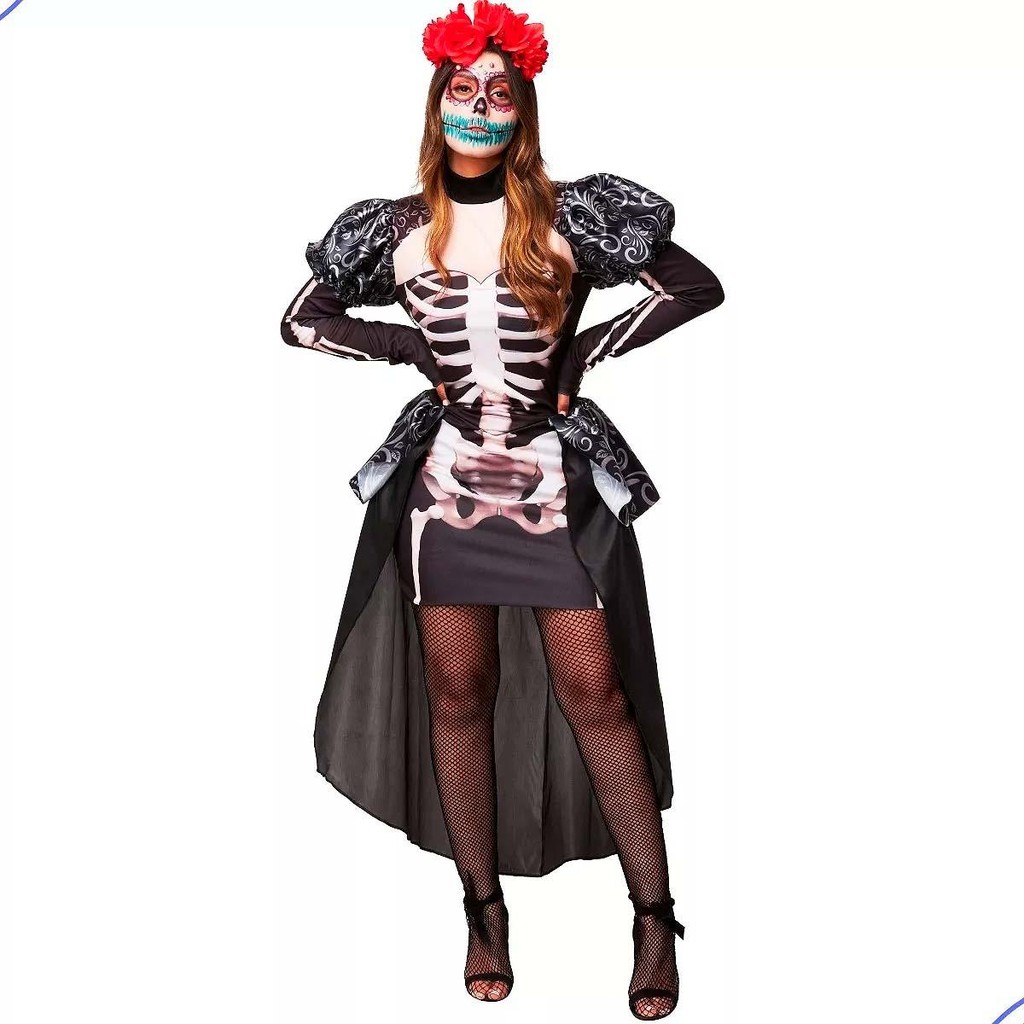 Fantasia Feminina de Halloween Rainha Caveira Mexicana Adulta Vestido de Luxo Esqueleto Com Cauda em Oferta na Shopee