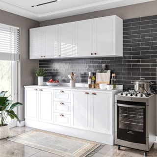 Cozinha Pérola com Rodapé e Tampo Aéreos com 5 Portas, Balcão 2 Gavetas 3 Portas e Balcão 2 Portas Y em Oferta na Shopee