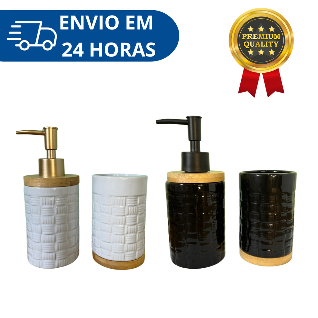 Kit Banheiro Lavabo Porta Sabonete Liquido Escova Bambu Pia 2 peças