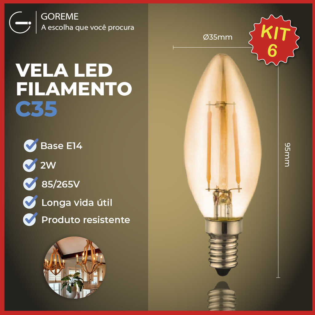 Kit 6 Lâmpada Filamento Vela Led E14 Luz Quente C35 2W Amba Retro Vintage 2200K 110V-220V Bivolt