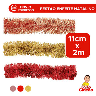 Festão de Natal Dourado Vermelho 2m Enfeite de Natal Para Arvore Janela Brilho