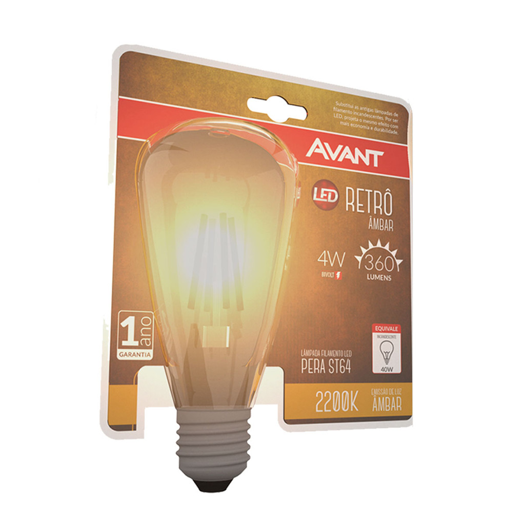 Lampada Led Retro Pera ST64 E27 Luz Amarela 2200K 4w Bivolt Avant em Oferta na Shopee