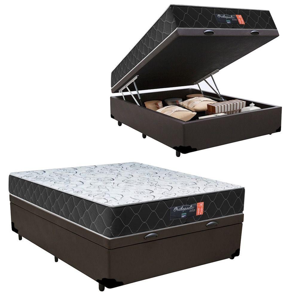 Cama Box Baú Casal + Colchão Semi Ortopédico Extra Firme Espuma D33 Colchões 138x188x72 Marrom