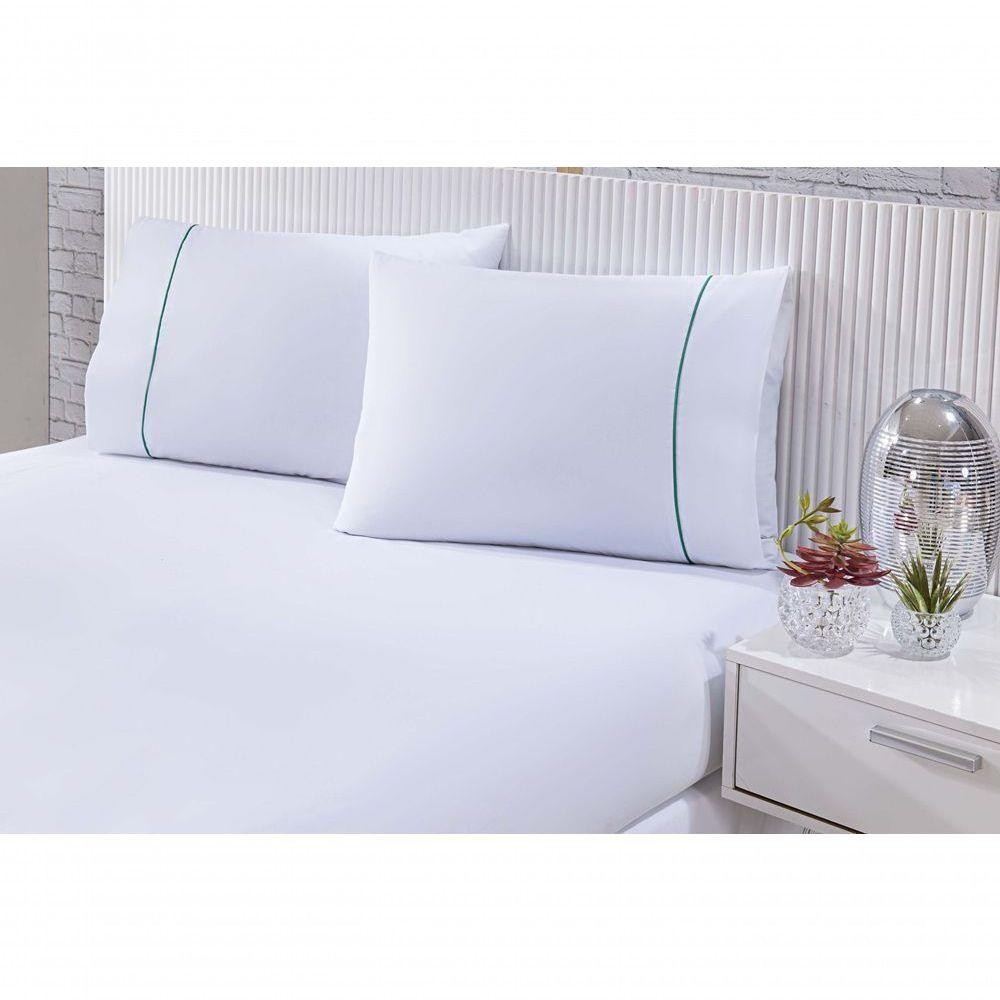 Jogo De Cama 100% Algodão Percal 150 Fios Solteiro Gran Moratta 2 Peças - Branco E Detalhe Verde - Home & Living
